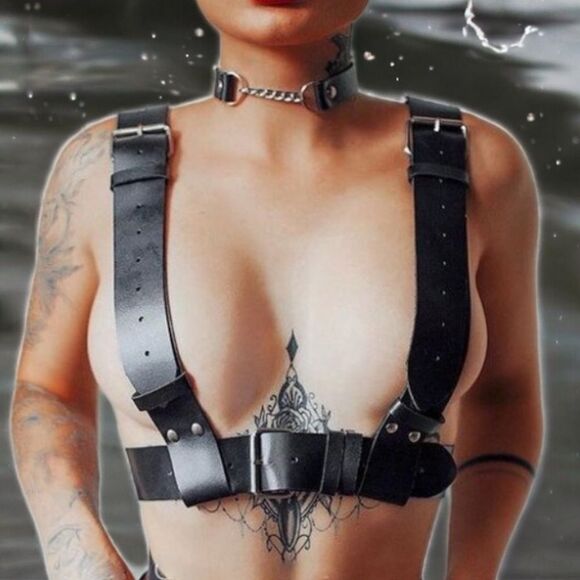 Black Wide Suspender Straps Adjustable Body Harness Chest Harness Belt NEW - Picture 3 of 4